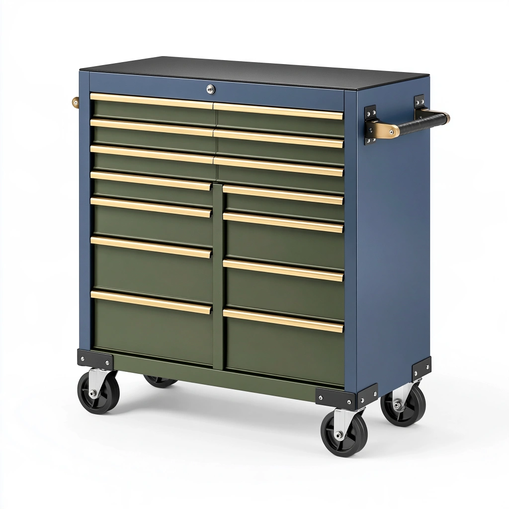 Chariot à outils 90 x 45 x 95 cm en acier bleu marine et vert olive avec 15 tiroirs et roulettes