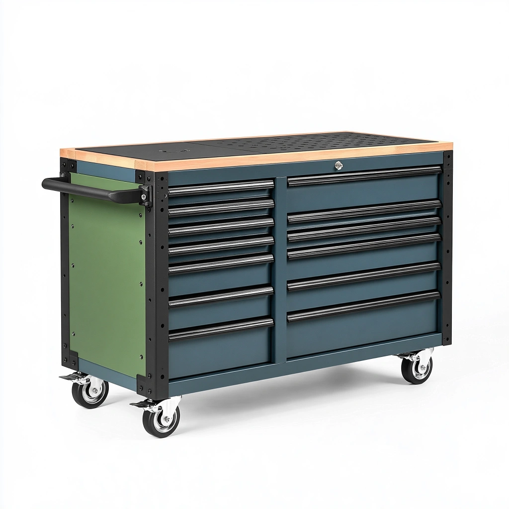 Servante d atelier 120 x 60 x 95 cm acier bleu vert plateau bois à roulettes