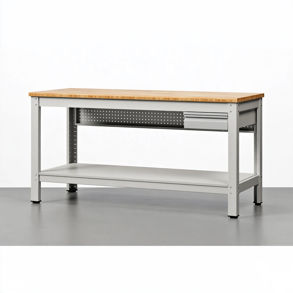 Établi 120 x 60 x 85 cm en métal gris avec plateau en bambou et rangement