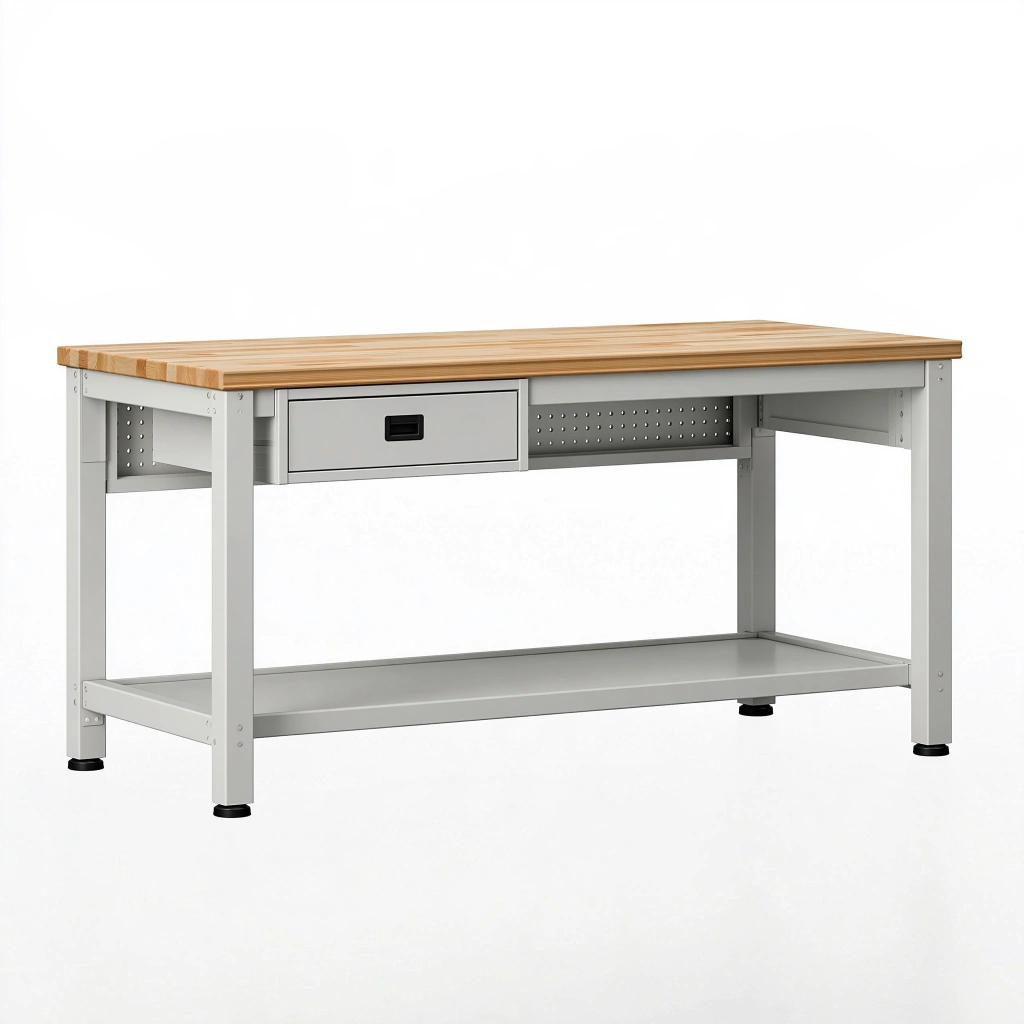 Établi 150 x 75 x 90 cm en acier gris avec plateau en bois et tiroir pour atelier