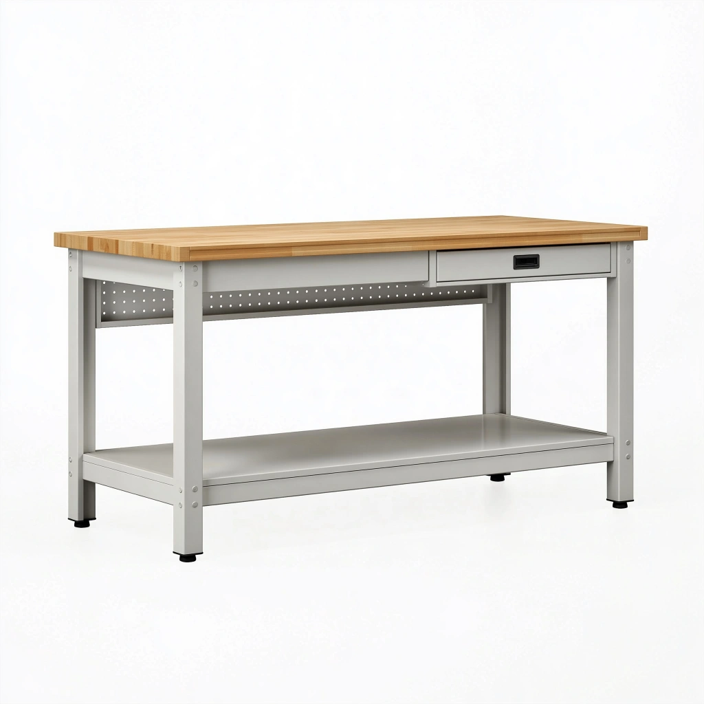 Établi 120 x 60 x 90 cm en acier gris avec plateau en bois et rangement