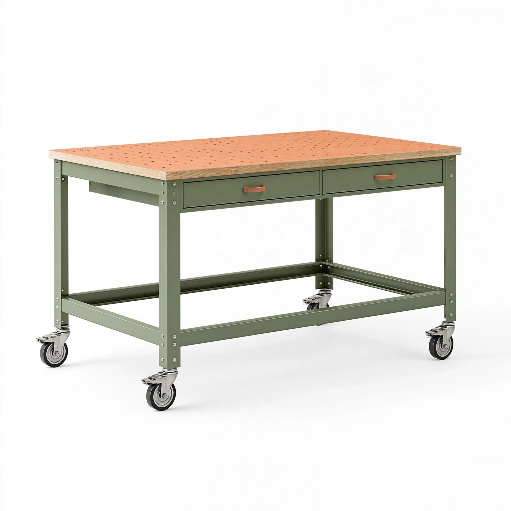 Établi mobile 120 x 60 x 90 cm en métal et bois vert avec plateau perforé et tiroirs