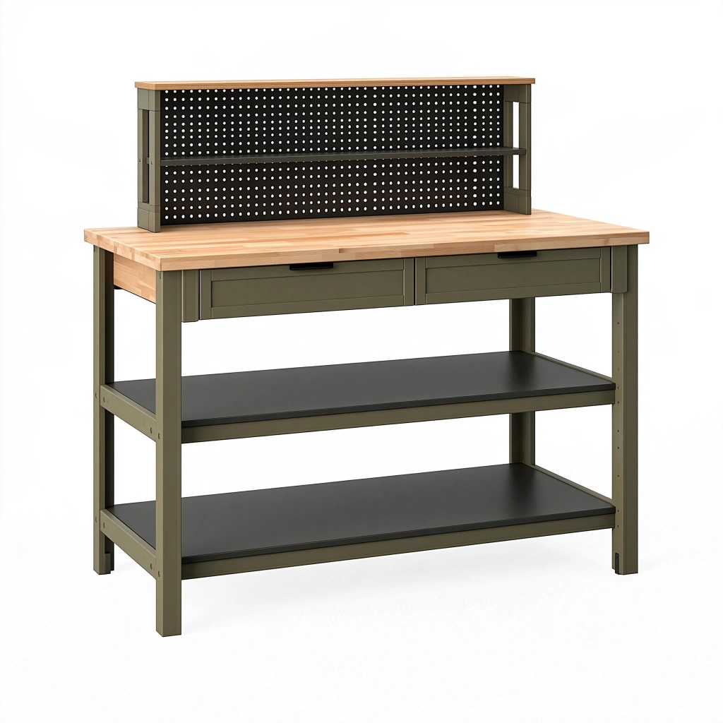 Établi 120 x 60 x 150 cm en bois et acier vert olive avec rangement atelier