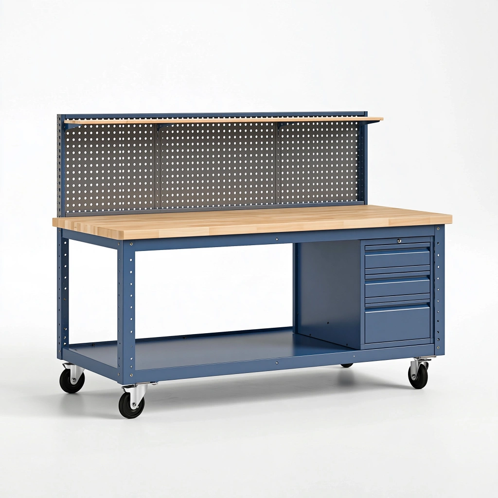 Établi d'atelier 180 x 70 x 190 cm en acier bleu avec plateau en bois et roulettes