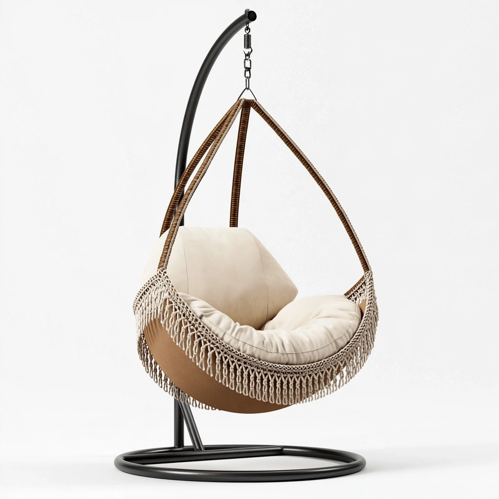 Fauteuil suspendu 105 x 105 x 195 cm en résine tressée brun beige avec support en métal noir style bohème