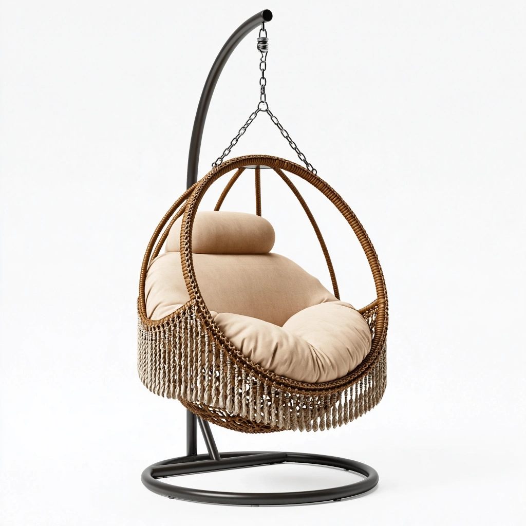 Fauteuil suspendu 105 x 105 x 195 cm en métal et fibres tressées brun beige avec support style bohème