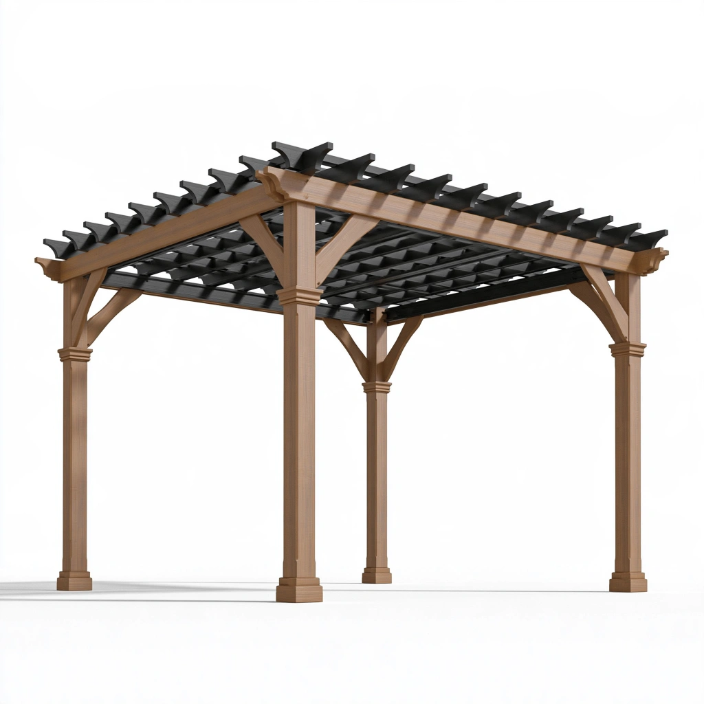 Pergola 300 x 300 x 240 cm en bois marron avec treillis noir pour jardin