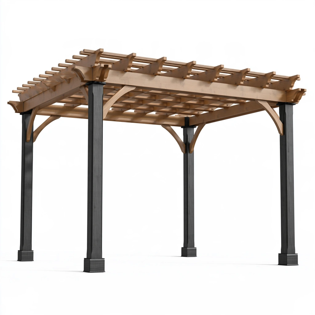 Pergola de jardin 360 x 300 x 250 cm en bois naturel et métal noir à lames ajourées