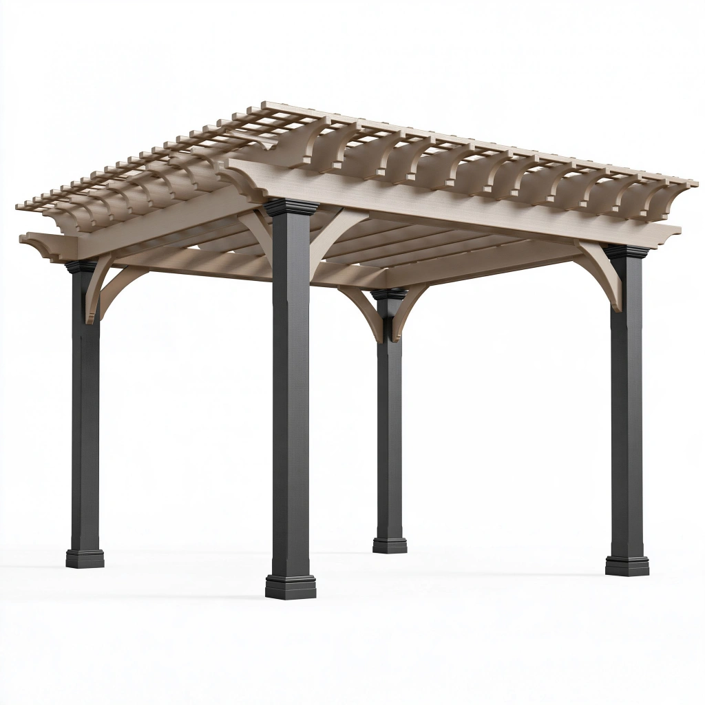 Pergola de jardin 300 x 300 x 250 cm en bois beige et noir à toit ajouré