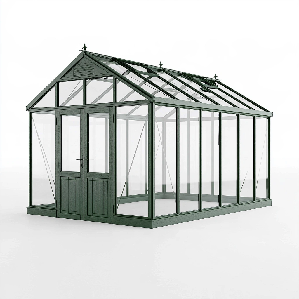 Serre de jardin 300 x 240 x 250 cm en métal vert avec panneaux transparents et toit à pignon