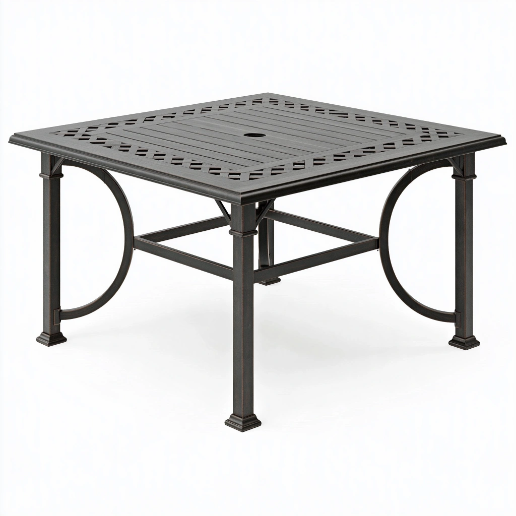Table de jardin carrée 107 x 107 x 74 cm en métal noir avec trou pour parasol