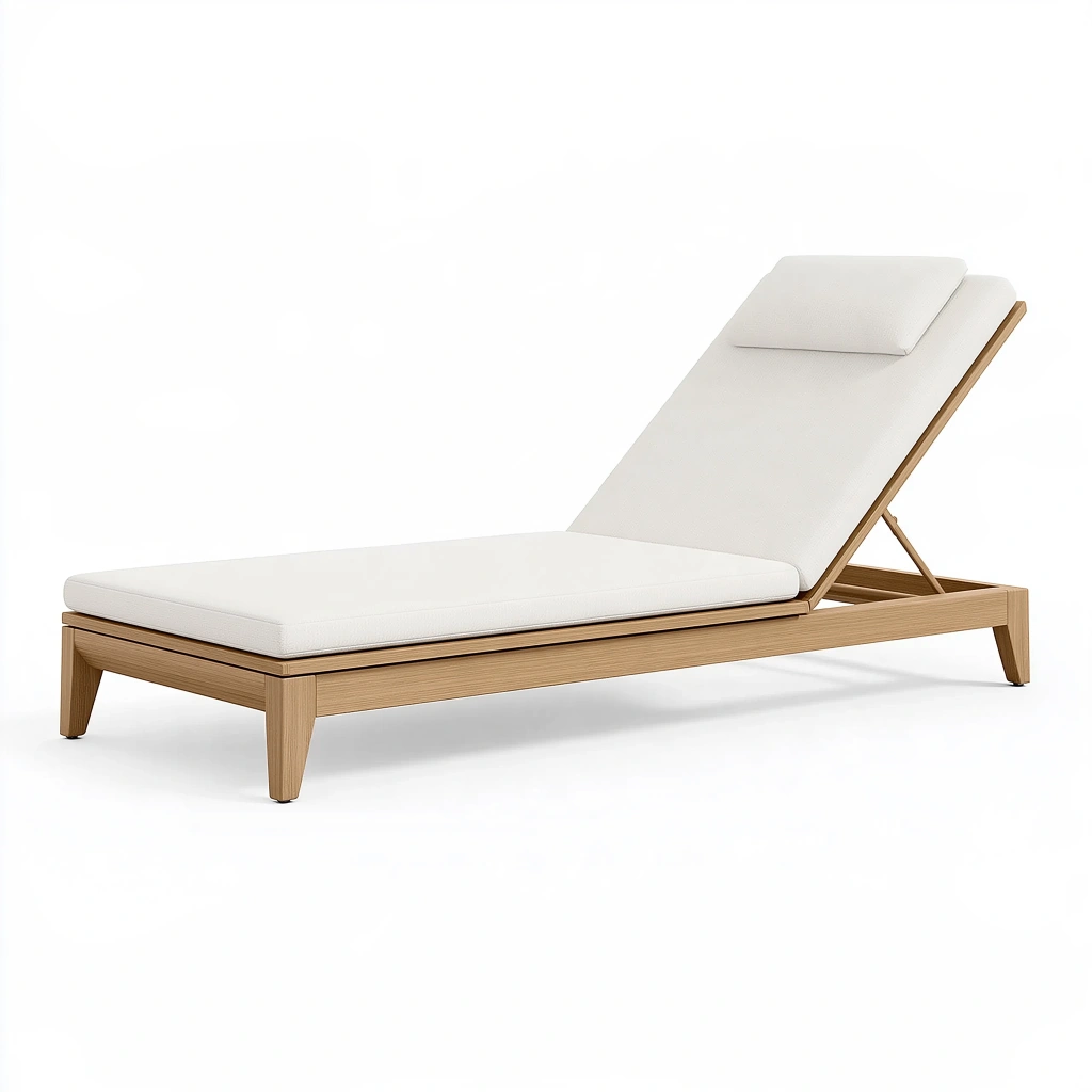 Chaise longue de jardin 200 x 70 cm en bois beige avec coussin blanc dossier réglable
