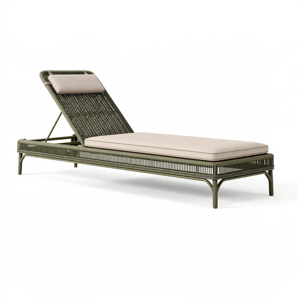 Bain de soleil 200 x 70 x 92 cm en résine tressée vert olive avec coussin beige dossier réglable extérieur