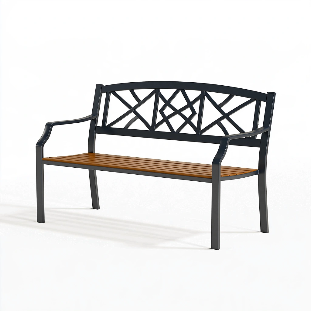 Banc de jardin 120 x 60 x 90 cm en métal et bois marron noir à dossier décoratif